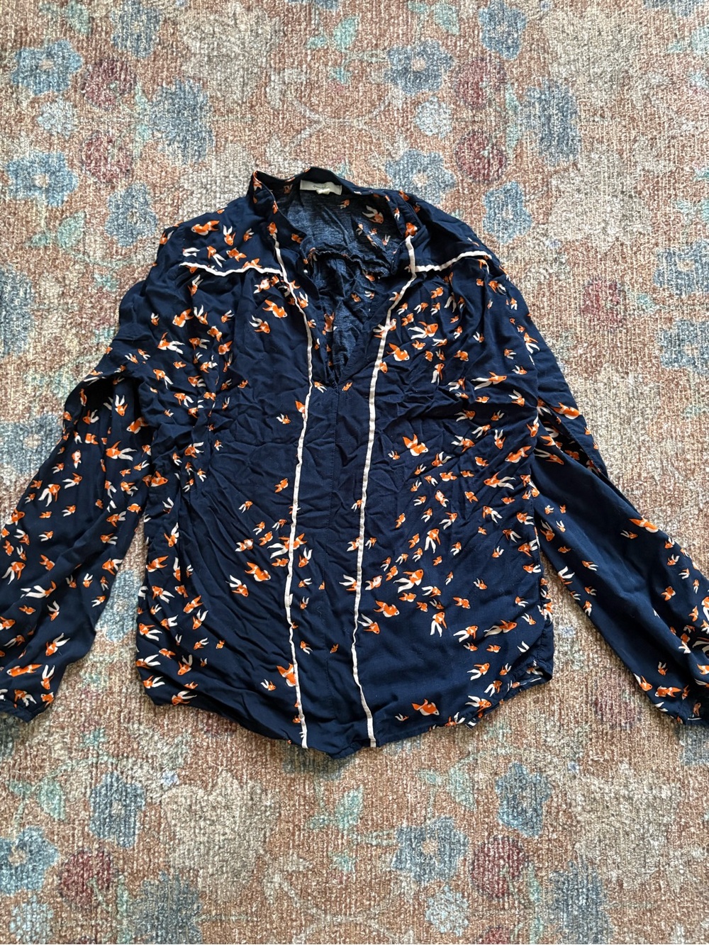 Anthropologie Navy Floral-Print Button-Up Shirt koi print M